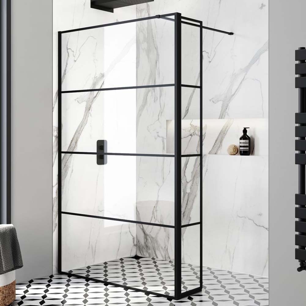 c46125-1000-matt-black-grid-8mm-wet-room-shower-glass-1300mm-_-return-panel_1 Gallery